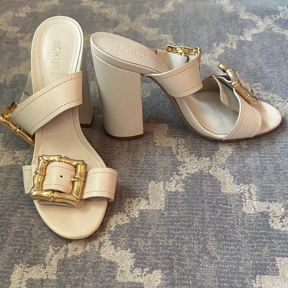 SCHUTZ Cream and Gold Heeled Sandals